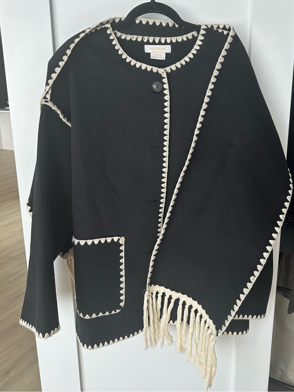 Cocoblue Fringe-Trim Embroidered Contrast Trim Wool Blend Scarf Jacket Coat